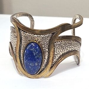 Vintage Morita Gil Chile Designer Brass Lapis Lazuli Egyptian Wide Cuff Bracelet